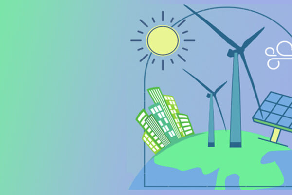 An illustration depicting a clean energy future: wind turbines and a gust of wind; solar panels and a bright sun; a green skyline sits on the globe.
