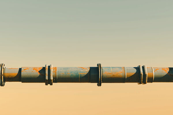 A pipeline stretches across an pale blue and orange ombre sky.