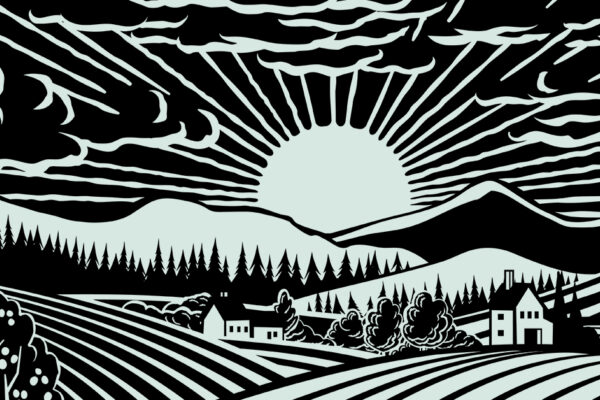 A linocut illustration of the sun setting over a farmland scene