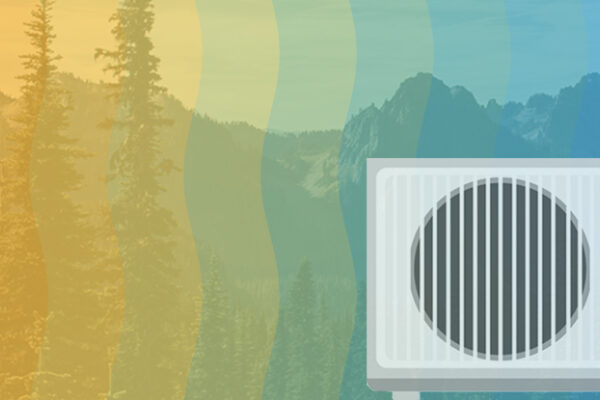 An illustration of a heat pump; a forest and mountains in the background; wavy vertical stripes line the graphic, creating a gradient between orange on the left, and blue on the right.