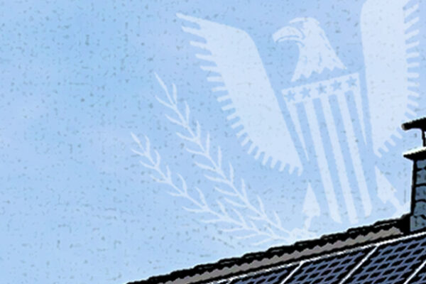 A solar power on a roof and U.S. eagle emblem