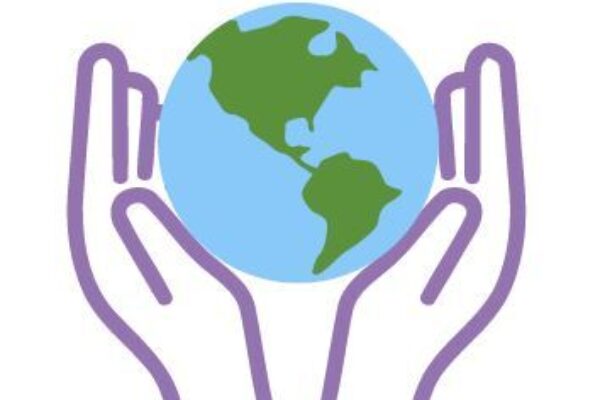 A purple outline of a pair of hands cradling the Earth