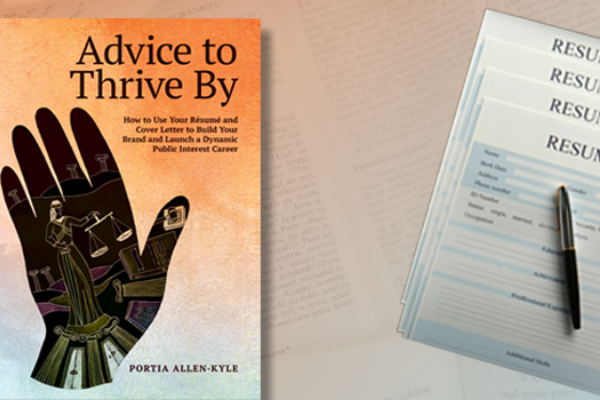 The cover of a book titled "Advice to Thrive By," a stack of resumes with a pen on top, and the State Impact Center Logo
