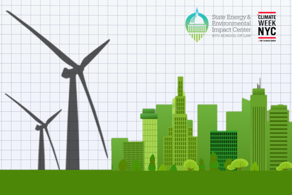 Wind turbines, a green skyline, and logos of the State Impact Center and Climate Week NYC
