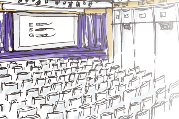 A sketch of an auditorium, with a screen on the stage displaying a slide that reads "ESG."