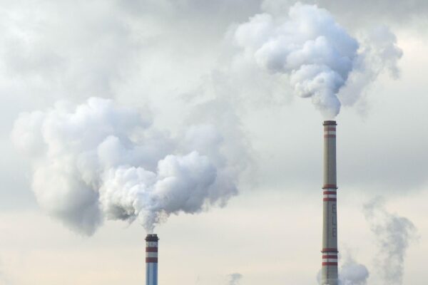 Two think smokestacks releasing large plumes of air pollution into a grey sky.