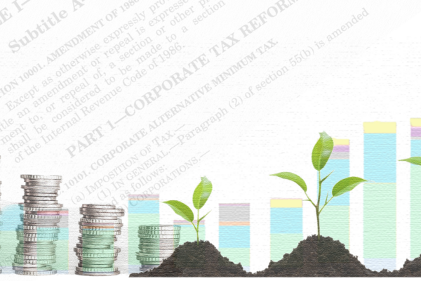 A graphic showing stacks of coins, sprouting plants, and a bar chart, arranged in a descending pattern on the left and an ascending pattern on the right.