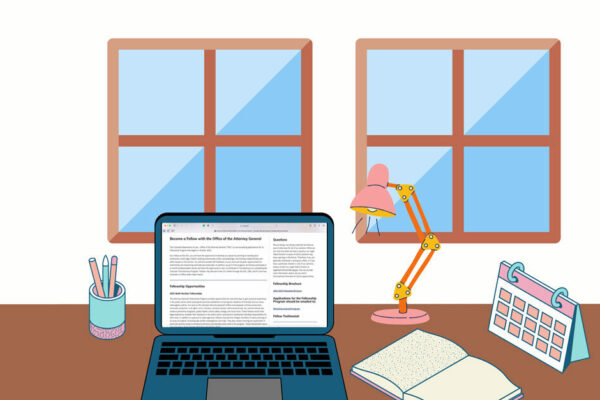 An illustration of a student's desk: a computer, a lamp, a pen holder, a calendar, a book. Two windows in the background.