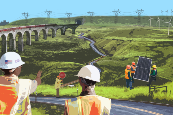 An illustration of a just transition: construction workers overlook a green valley with a winding road; solar panels are being installed in the foreground; in the distance, transmission towers and lines connect wind turbines on one side of the image to a skyline on the other side; a train riding along a viaduct connects the foreground and background.