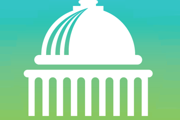 A rectangle version of the illustration of the capitol building that is used in the State Impact Center's logo; the ombre green and blue background matches the same gradient used in the Center's logo
