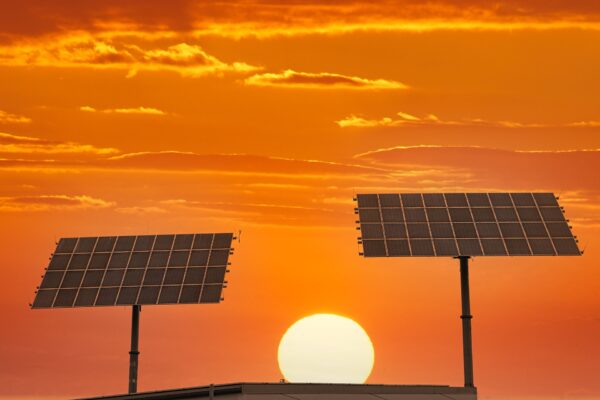 Solar panels at sunset.