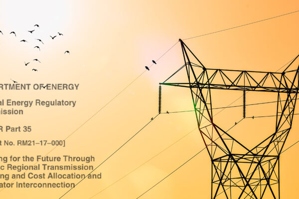 A transmission tower in front of an orange sky; a flock of birds flies past; a snippet of text from FERC's Building for the Future NOPR; the State Impact Center logo.