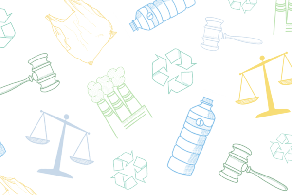 Illustrations of plastic water bottles, recycling arrows, smokestacks, gavels, justice scales, and plastic bags in various greens, blues, and yellows, displayed in a pattern across a white background.