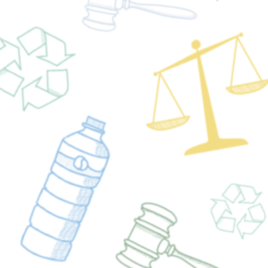 A collage of illustrated items: light green recycling arrows, a blue plastic water bottle, yellow justice scales, a dark green gavel