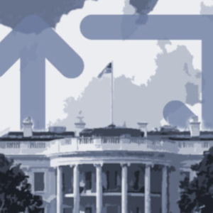 An illustration of the White House with a giant "retweet" symbol looming behind it