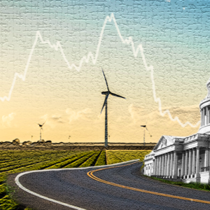 A road curves past the U.S. Capitol building, overlooking green agricultural fields filled with wind turbines in the distance; a stock market index chart looms in the sky