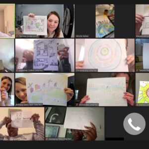 A photo of State Impact Center staff holding up drawings on a Zoom call