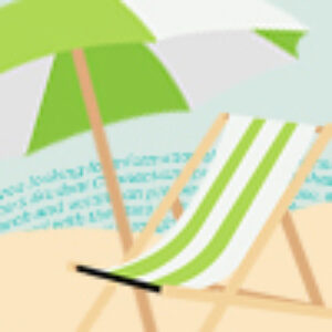 A green and white striped beach chair and an umbrella; the waves in the background are words