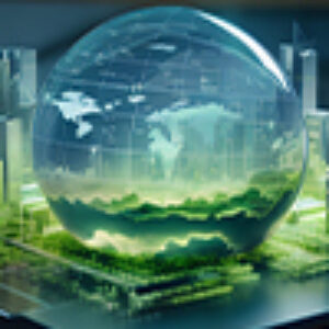 A glass globe sits on a table in a modern office; the globe depicts a green, nature-filled city.