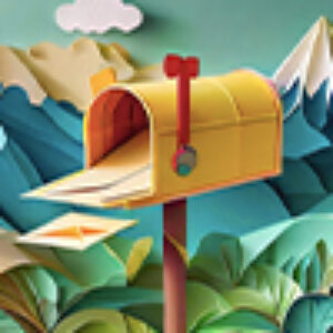 3D paper art showing mail being delivered to a bright yellow mailbox, with a colorful mountain scene in the background