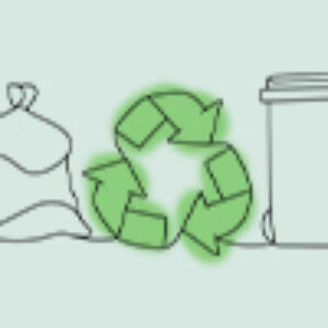 Line art of items such as trash cans, recycling bins, trash bags, tin cans, boxes, and a recycling symbol. The lines are black, and the recycling symbol is filled in with green.