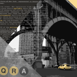 A posterized black, white, grey, and gold graphic showing the letters "SEQRA" stylized as subway line icons in the foreground, text from SEQRA in the midground, and a taxi driving under a tall overpass backed by a yellow sky in the background.
