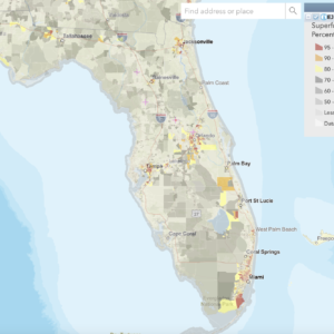 Map depicting the proximity levels to superfund sites throughout Florida.