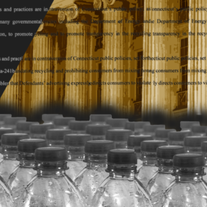 A posterized black, white, grey, and gold graphic showing rows and rows of plastic water bottles in the foreground, an text relating to plastics litigation in the midground, and a courthouse in the background.