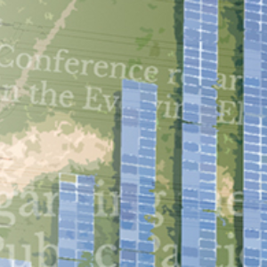 An abstract image showing solar panels, transmission towers, and text from various articles and documents about FERC.