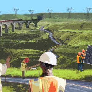An illustration of a just transition: construction workers overlook a green valley with a winding road; solar panels are being installed in the foreground; in the distance, transmission towers and lines connect wind turbines on one side of the image to a skyline on the other side; a train riding along a viaduct connects the foreground and background.