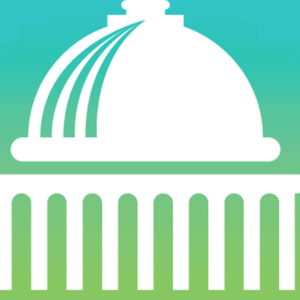 A rectangle version of the illustration of the capitol building that is used in the State Impact Center's logo; the ombre green and blue background matches the same gradient used in the Center's logo