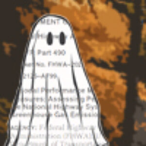 An illustration of a ghost with regulatory text superimposed on it stands in front of leafy autumn foliage.