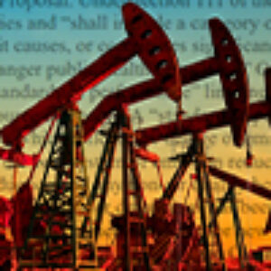 Oil rigs against a setting sun; text from EPA's oil and gas sector regulations is overlaid on the sky