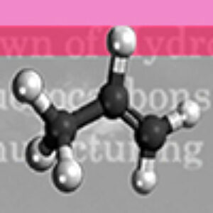 A black and white molecular structure of HFC, with text in the background and a pink and red stripe at the top of the image