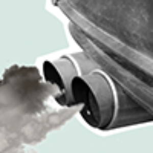 A cut-out collage style image of a car tailpipe emitting black exhaust