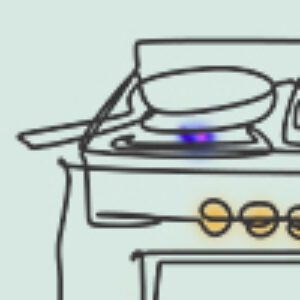 An abstract, outline drawing of a pan on gas burner stove.