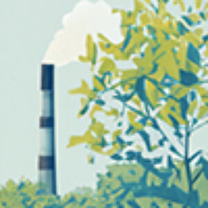 An storybook-like illustration of a tree in the foreground and a smokestack from a power plant in the background