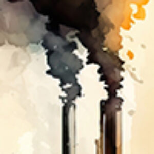 A watercolor illustration of billowing black and orange smoke emitting from two smokestacks against a hazy sky.
